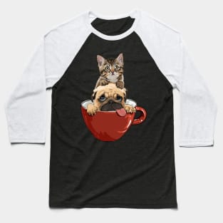 Cute Cat and Pug in a mug | Funny cat and dog gift Baseball T-Shirt